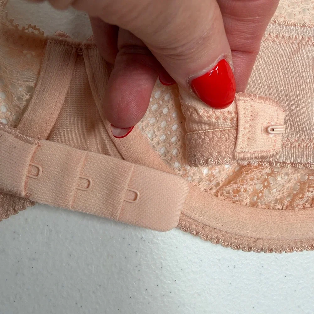 Wingslove 32D Bra Balconette Peach Geometric Lace Mesh Underwire Bow Detail